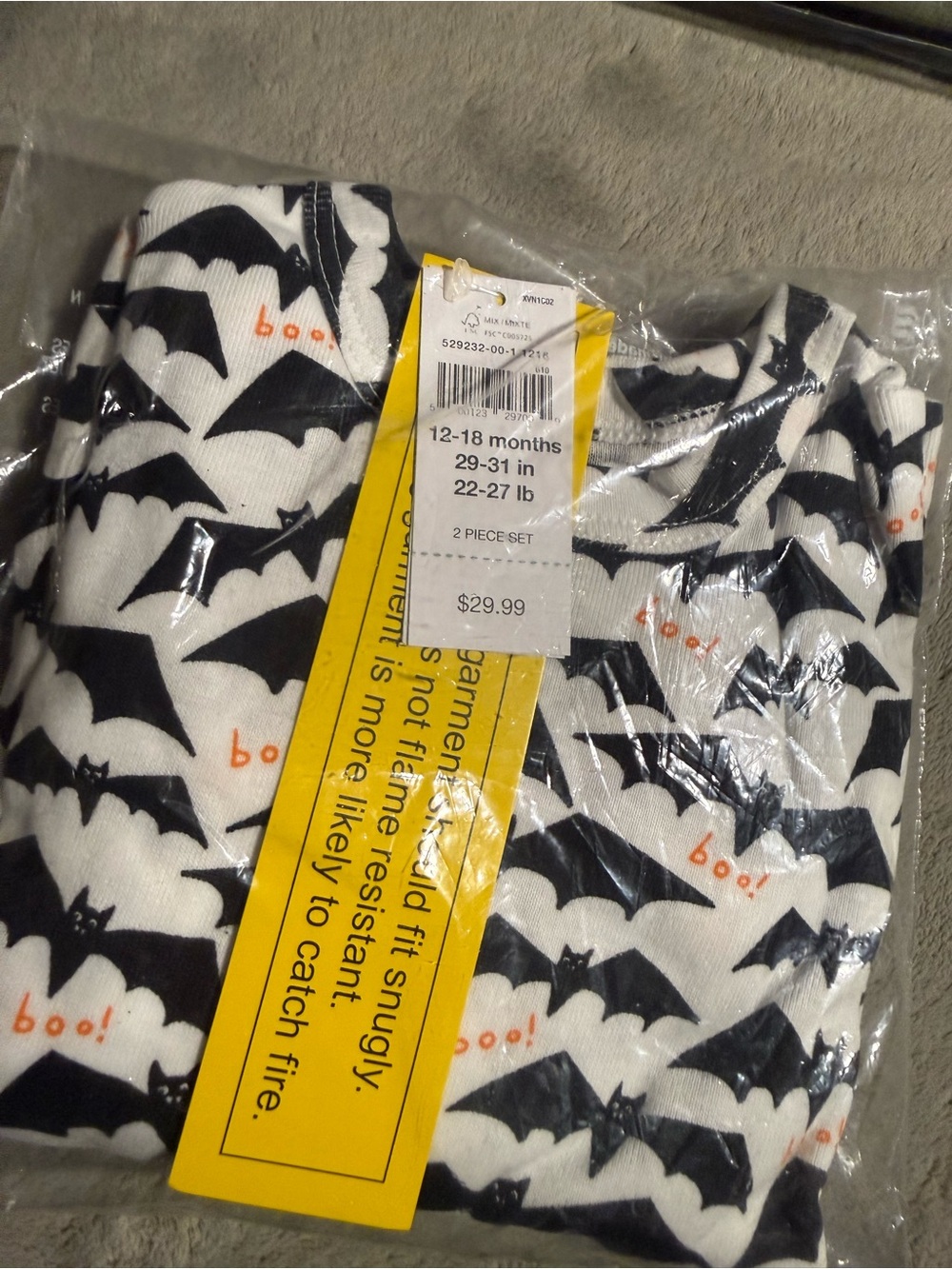 GAP Black and White Bat Print Kids Pajama Set with Orange 'boo' Accents